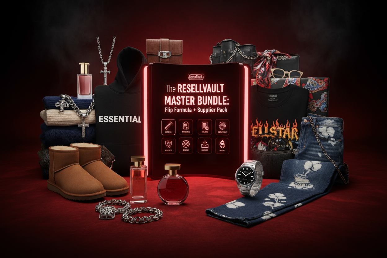a picture of a 10 moldule reselling course and put a bundle of different suppliers from uggs, to chromeharts, polo ralph lauren, essentials, perfumes, chrome hearts, hellstar, denim tears and many different items like watches and perfumes and make the picture red and perfectly eye catching and name it The ResellVault Master Bundle: Flip Formula + Supplier Pack