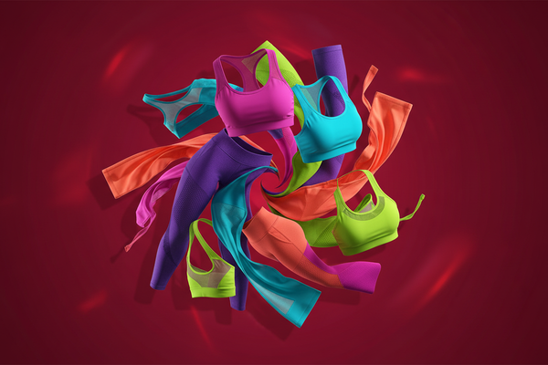 a red picture of different colours and a varietyof different women gymwear and activewear and make the picture extremely eye caching and unique