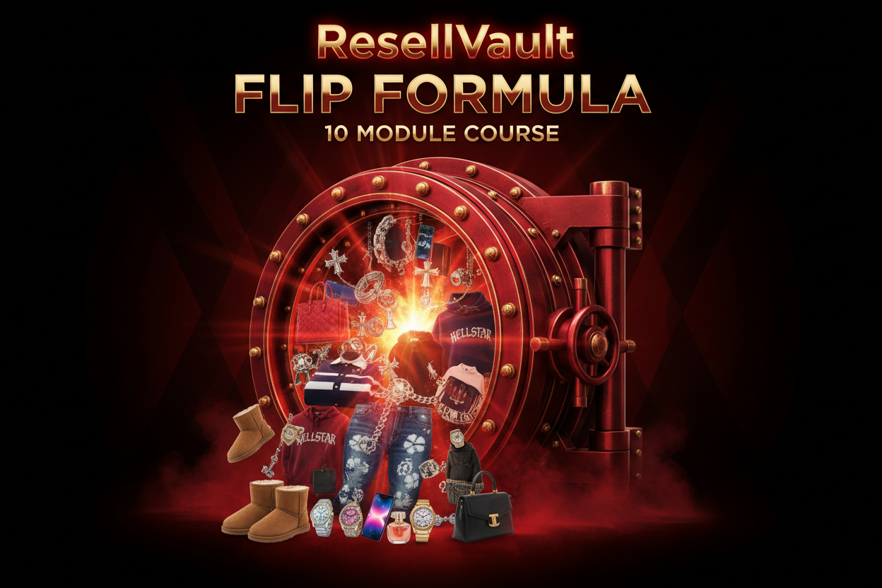 generate an image of a vault and this is bascially a 10 module course for resellers so put images of supplies and different items like uggs polo ralp lauren knitwear, chromehearts, hellstar, denim tears, bags, watches , perfumes and phones and give it the best eye catching design with a red colour and name it ResellVault Flip Formula