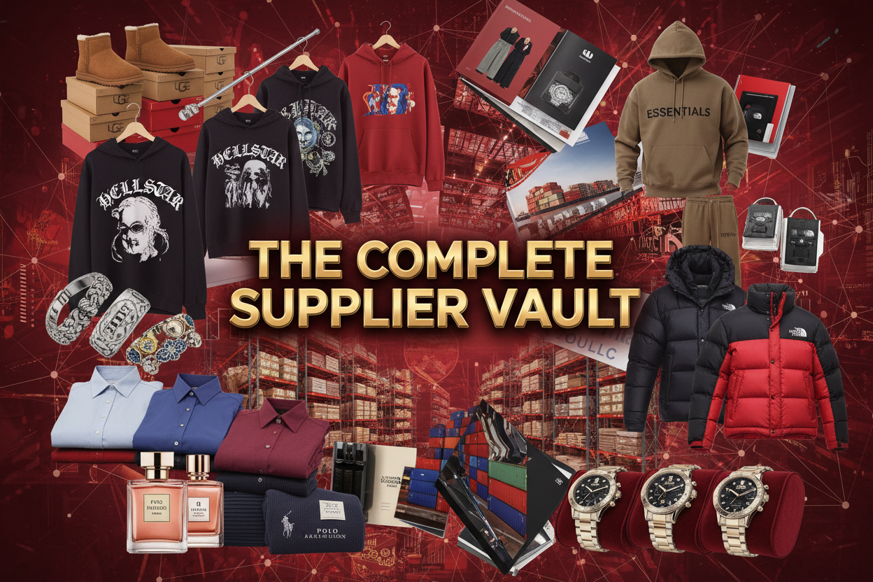 make me a picture of numerous different suppliers for items like uggs, lululemon, hellstar, vrome hearts, polo ralph lauren, perfumes, essentials, the north face and different items like watches and make the colour of the image like red and name it 'The Complete Supplier Vault'