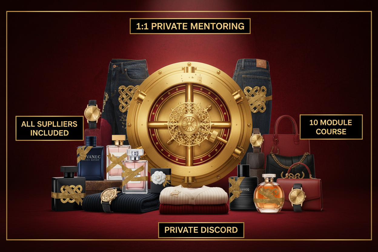 make me a red image with a gold and red vault and put a lot of suppliers from chrome hearts to denim tears and many different perfumes from dior sauvage to versace eros to coco chanel to tom ford lost cherry and louis vuitton imagination and polo ralph lauren knitwear and watches and hangbags but cover the brand logo for all of the suppliers and add the fact that its 1:1 private mentoring and all the suppliers and a 10 module course and a private disord and make it extremely eye catching and a luxury feel