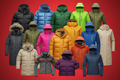 make me a red image with a large variety of different north face jackets but cover the brand logo of many different designs and colours and numerous puffers and windbreakers and jackets and name it TNF Coats Supplier
