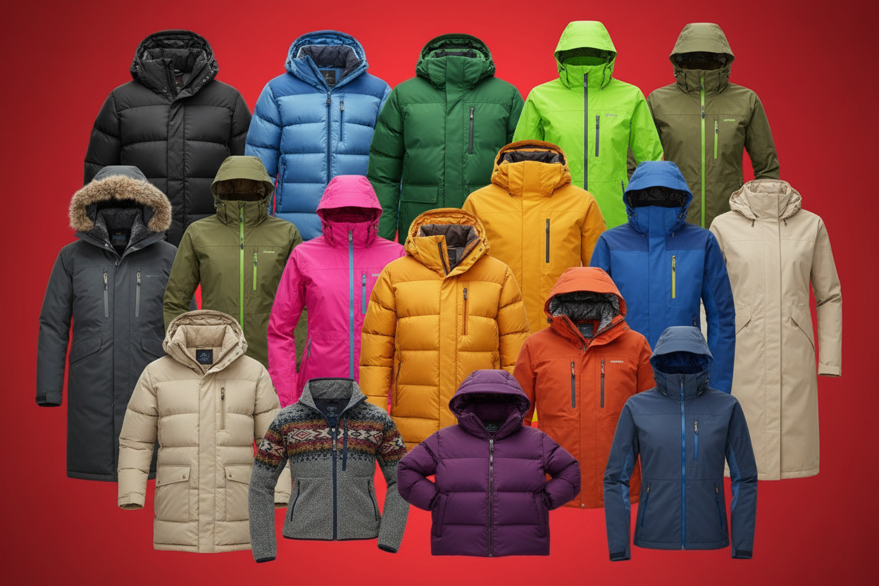 make me a red image with a large variety of different north face jackets but cover the brand logo of many different designs and colours and numerous puffers and windbreakers and jackets and name it TNF Coats Supplier