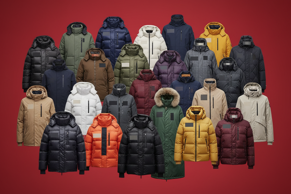 
make me a red image with items from but cover the brand logo or name and put many different designs of a variety of many different jackets and puffers and windbreakers of many different designs and colours