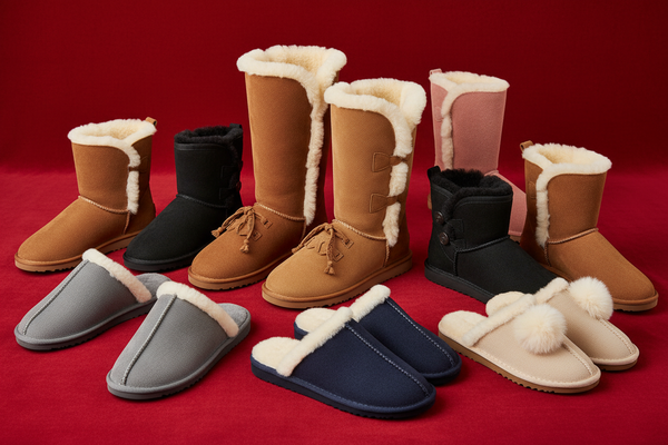 make me a red image with items from ugg but cover the brand logo or name and put many different designs of of many different colours and designs of boots and slippers and definitely include the talisman and chestnut one