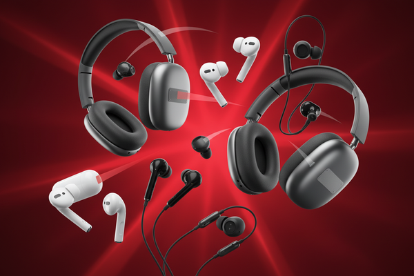 make me a red image with many different airpods and airpod maxes and headphones and earbuds and cover the logo and make the image extremely eye catching and unique
