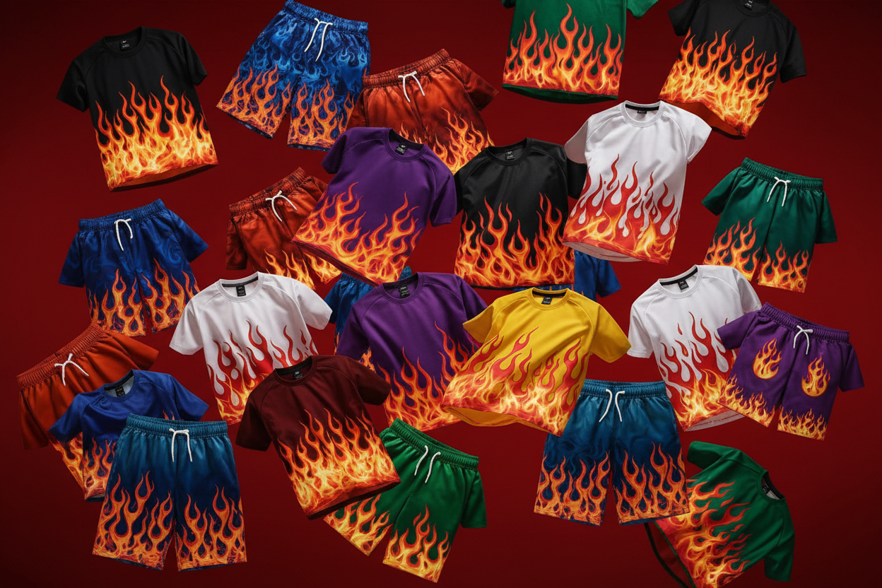 make me a red image with many different flame shorts and flame t shirts many different variations and colours and make the image extremely eye catching and unique