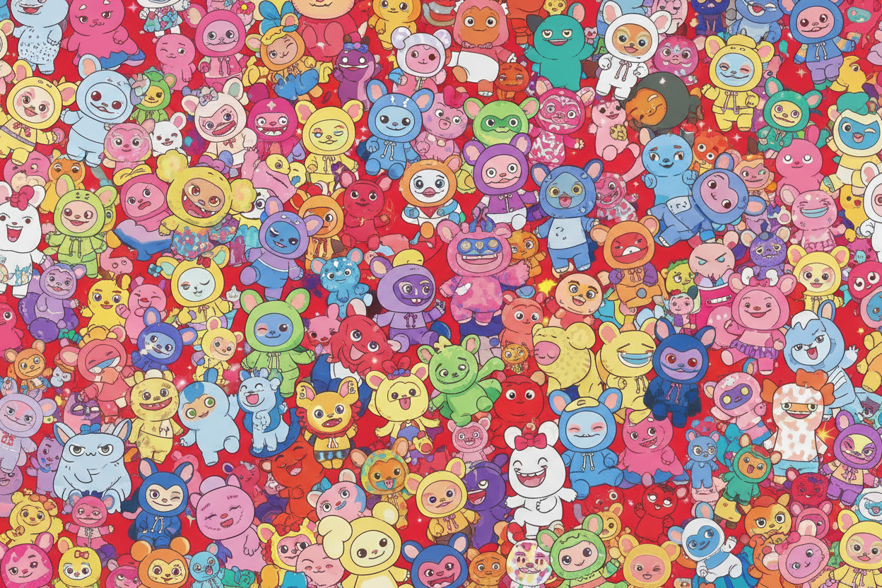 make me a red image with many different labubu monsters of different designs and variations and colours and cover the logo and make the image extremely eye catching and unique
