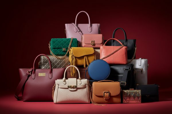 make me a red image with many different variety and colours of hangabags and shoulder bags and messanger bags and cover the ogo and make the image extremely eye catching and unique